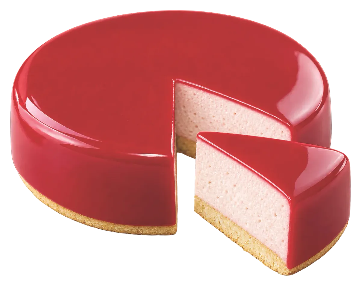 Mousse cake coated in glossy raspberry cold glaze, with a slice cut out