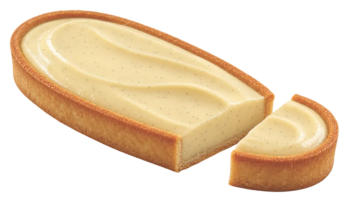 Tart filled with vanilla-flecked bourbon cream, with a cut slice