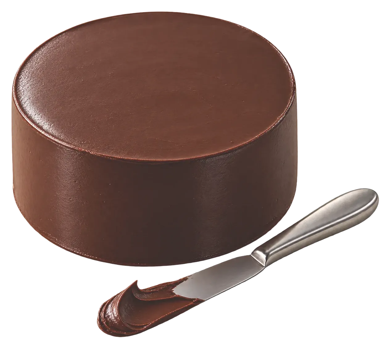 Round cake coated in glossy dark ganache, with a spatula smeared with ganache in front