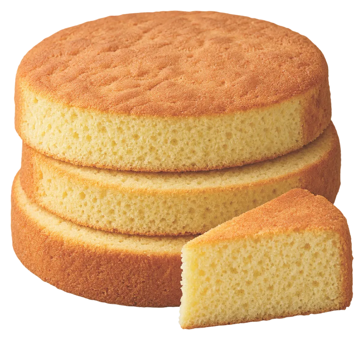 Three stacked plain sponge cake layers with a cut slice