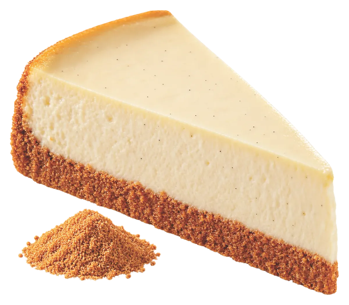 Cheesecake slice on a caramel biscuit base, with biscuit powder beside it