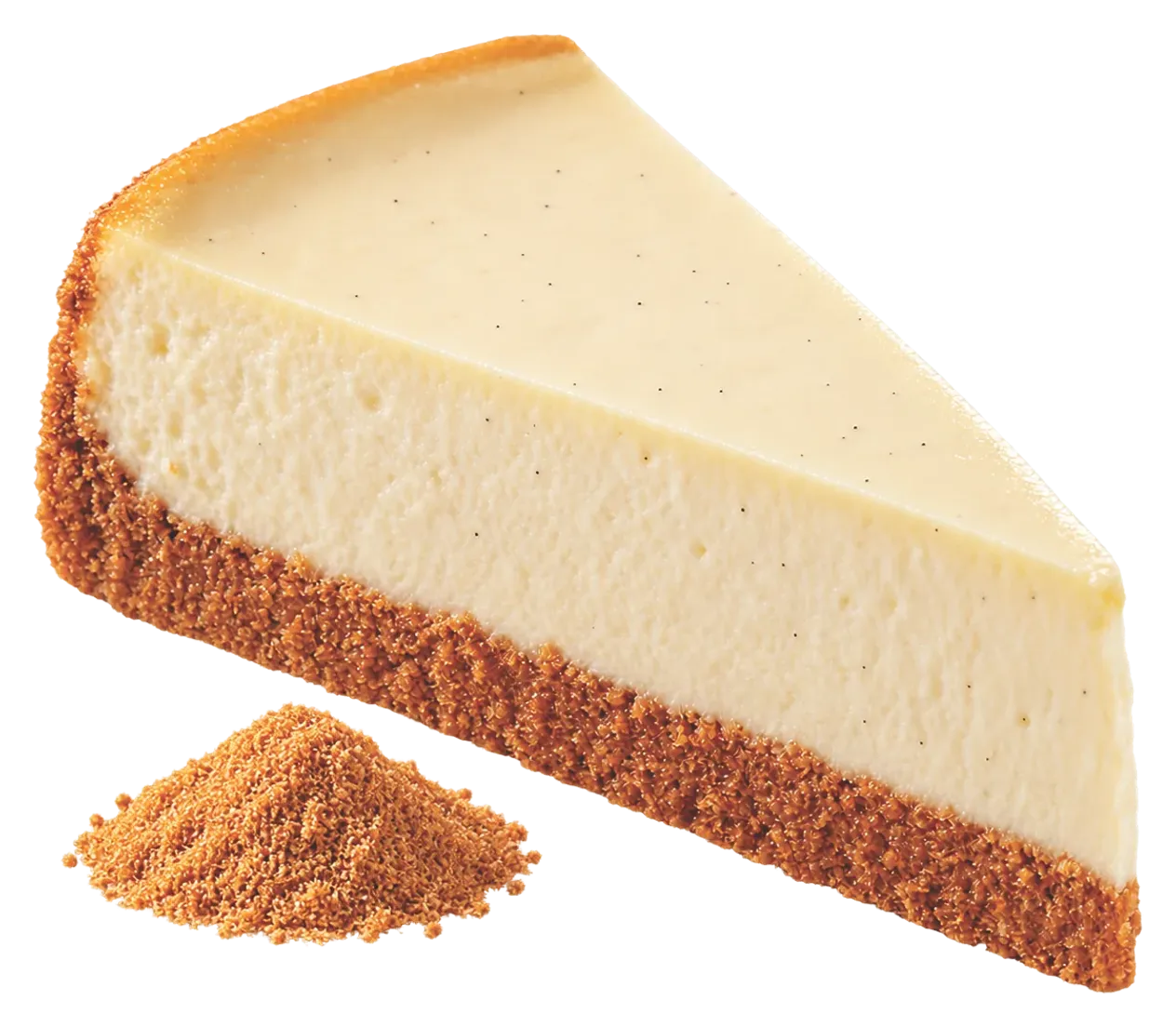 Karamelli bisküvi tabanlı cheesecake dilimi ve yanında bisküvi tozu