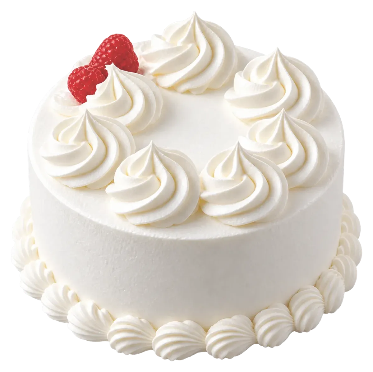 White cake decorated with whipped cream rosettes and raspberries