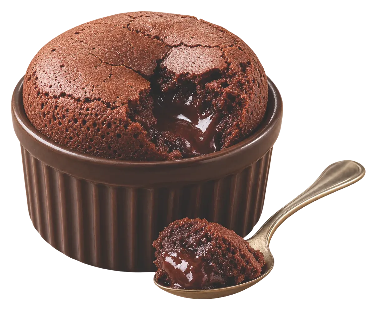 Ramekinde akışkan çikolatalı sufle ve kaşıkta bir parça