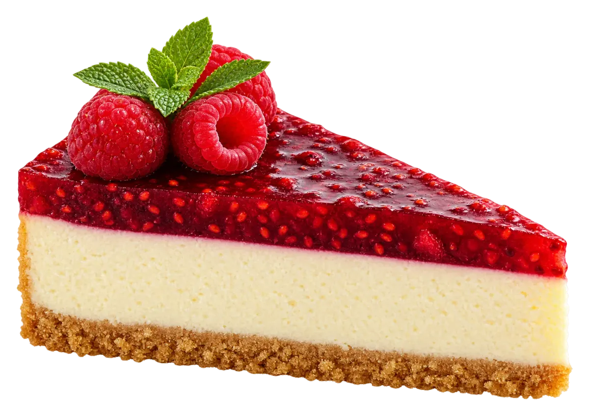 Frambuaz dolgulu, ahududu ve naneyle süslenmiş cheesecake dilimi