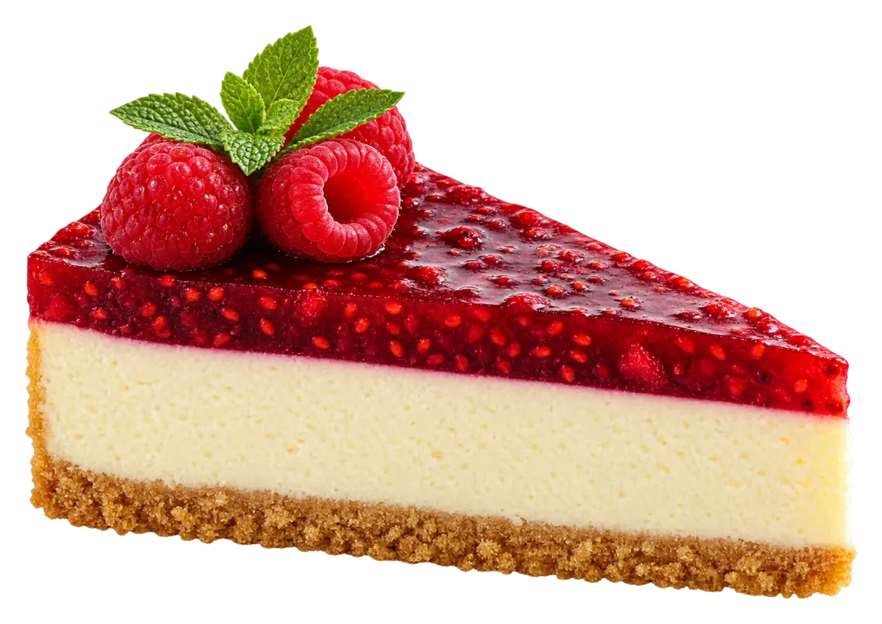 Cheesecake slice topped with raspberry filling, fresh raspberries and mint