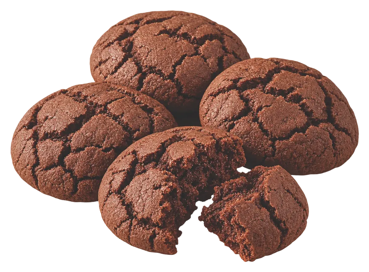 Crackled cocoa cookies, one broken open