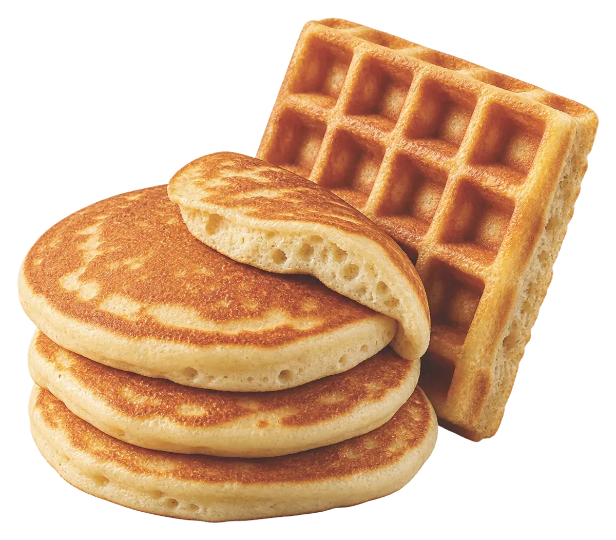 Üst üste pankekler ve yanında waffle