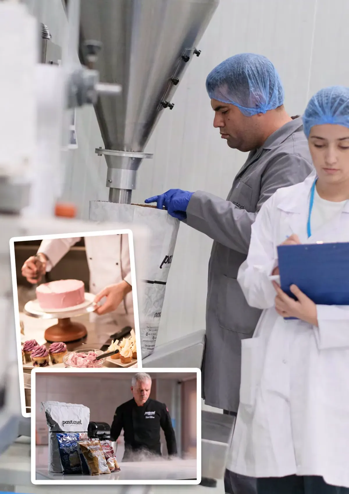 Dolum hattını kontrol eden, bone takmış Pastasel üretim ekibi