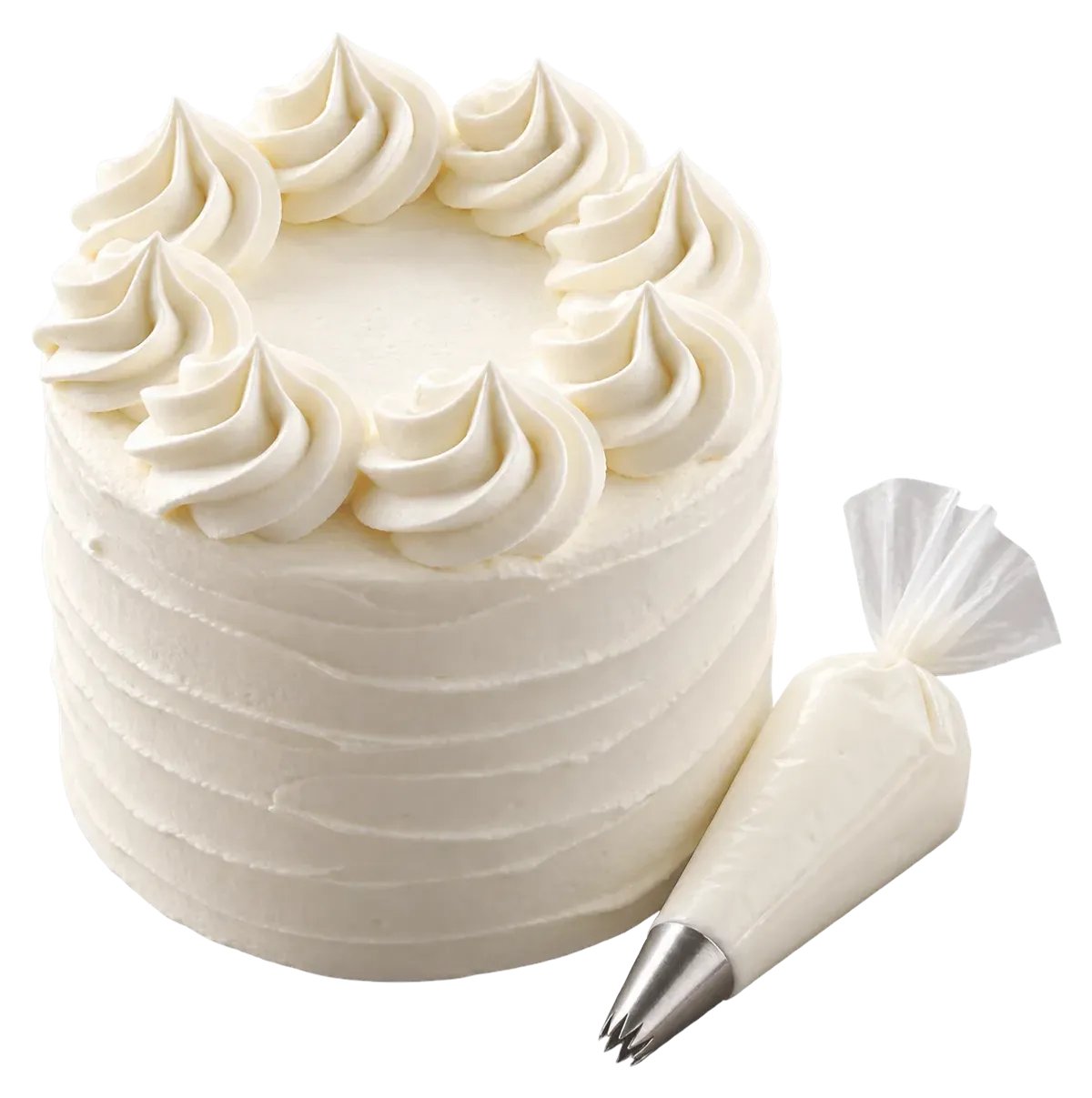 Cake frosted with whipped cream next to a filled piping bag