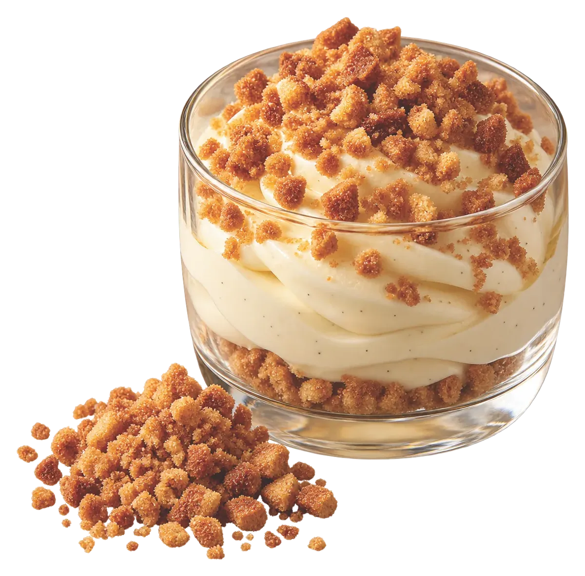 Cup dessert layered with cream and caramel biscuit crumbs