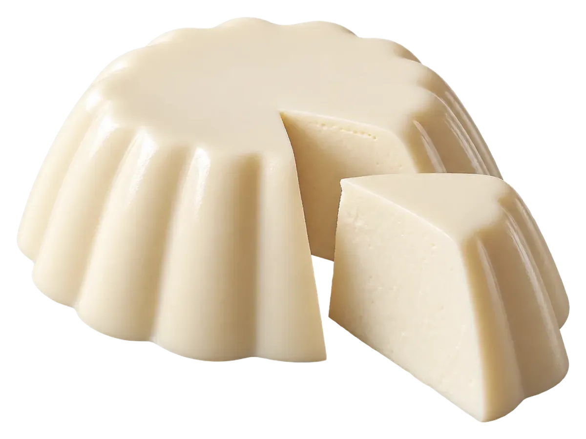 Unmoulded panna cotta with a slice cut out
