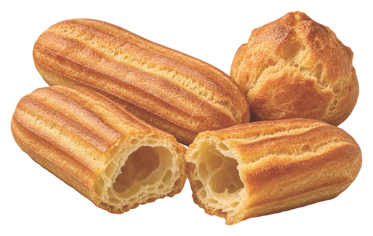Éclair and profiterole shells, one broken open