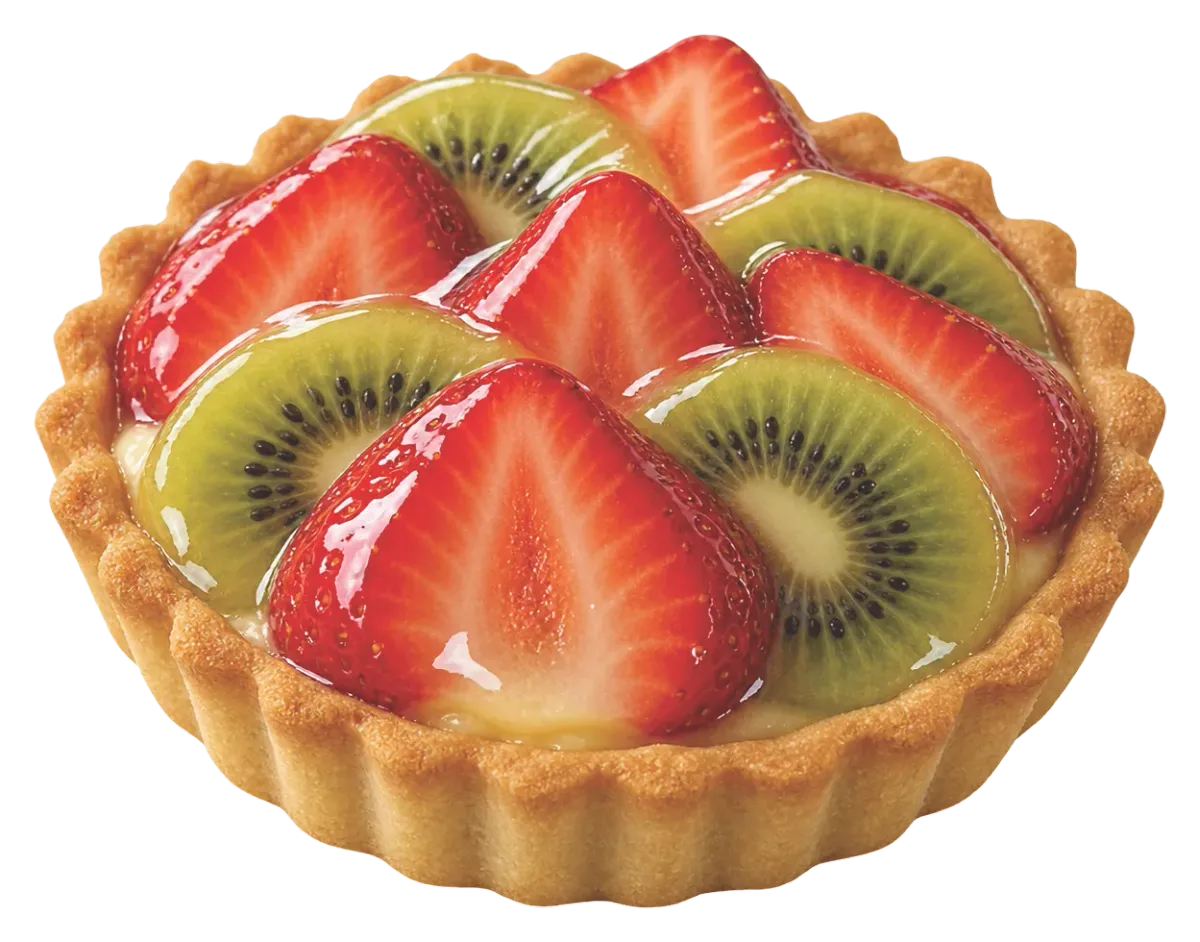 Fruit tart with strawberries and kiwi under a glossy cold glaze