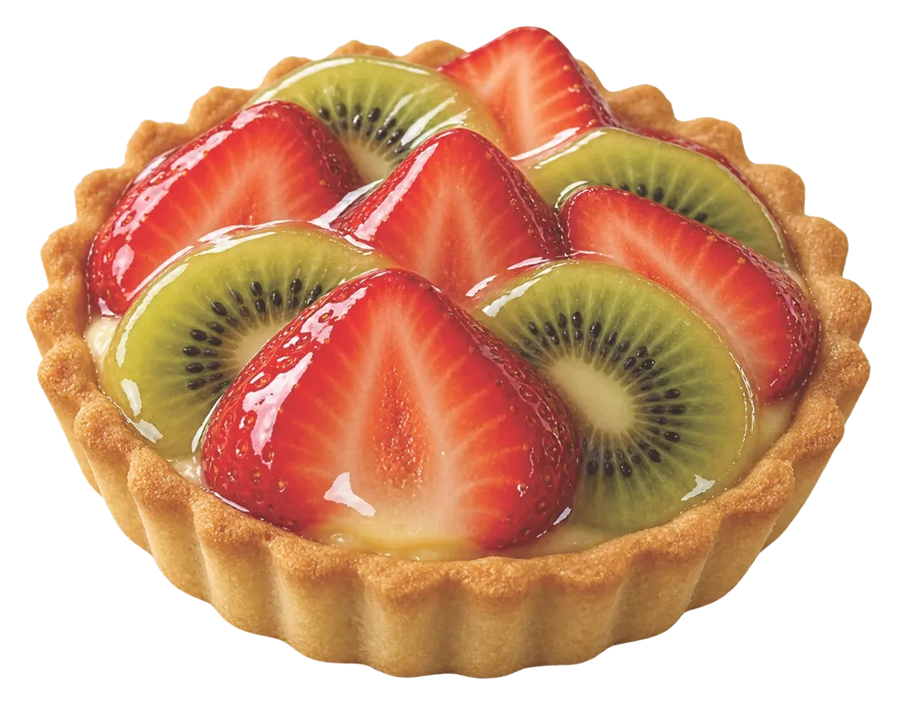 Fruit tart with strawberries and kiwi under a glossy cold glaze